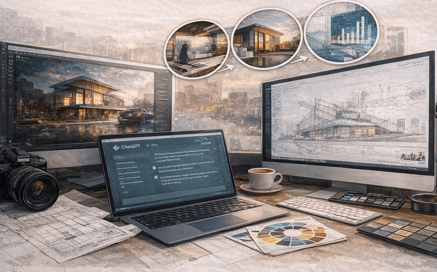 Architecture design workspace showing multiple monitors with a digital house rendering