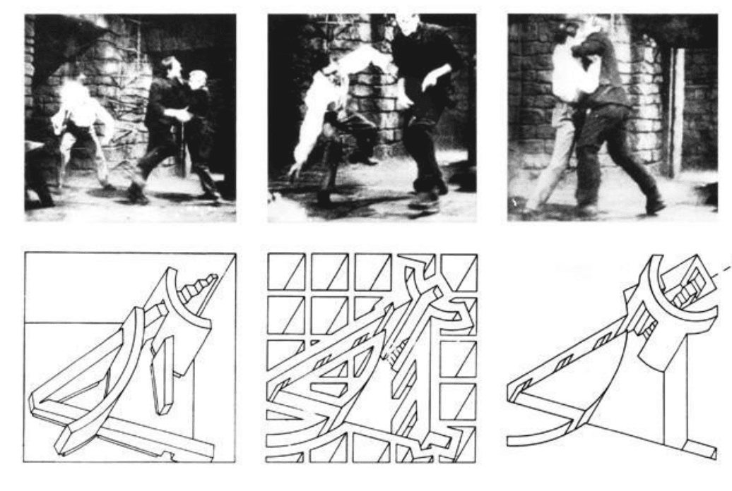 Series of black and white photographs and ink drawings